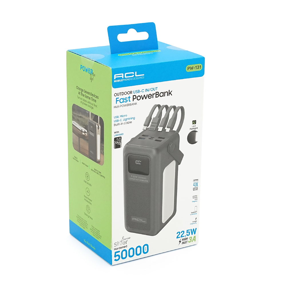 Powerbank ACL PW-131 50000mAh, 22.5W, 4xUSB, 4 кабелі (USB/Micro/Type-C/Lighting), Ліхтар, 1.08кг, Black, Box — Фото 2