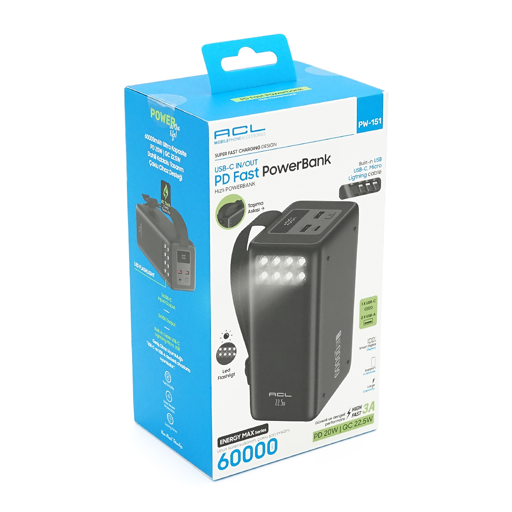 Powerbank ACL PW-151 60000mAh, 22.5W, 2xUSB+USB-C, Ліхтар, 1.2кг, Black, Box — Фото 2
