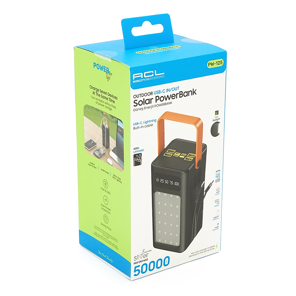 Powerbank ACL PW-125 50000mAh, 22.5W, 4xUSB+USB-C, 2 кабелі (/Type-C/Lighting), Ліхтар, 1.08кг, Black, Box — Фото 2