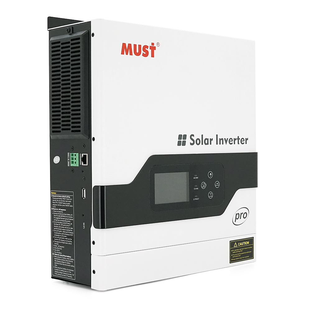 Гібридний інвертор MUST PV18-2012PRO, 2000 Вт/1600 Вт, 12 В, струм заряду 80 А, Wi-Fi, RS485/CAN, 170–280 В, MPPT (80 А, 30–320 В постійного струму), 318 × 369 × 121 мм. 6,2 кг.