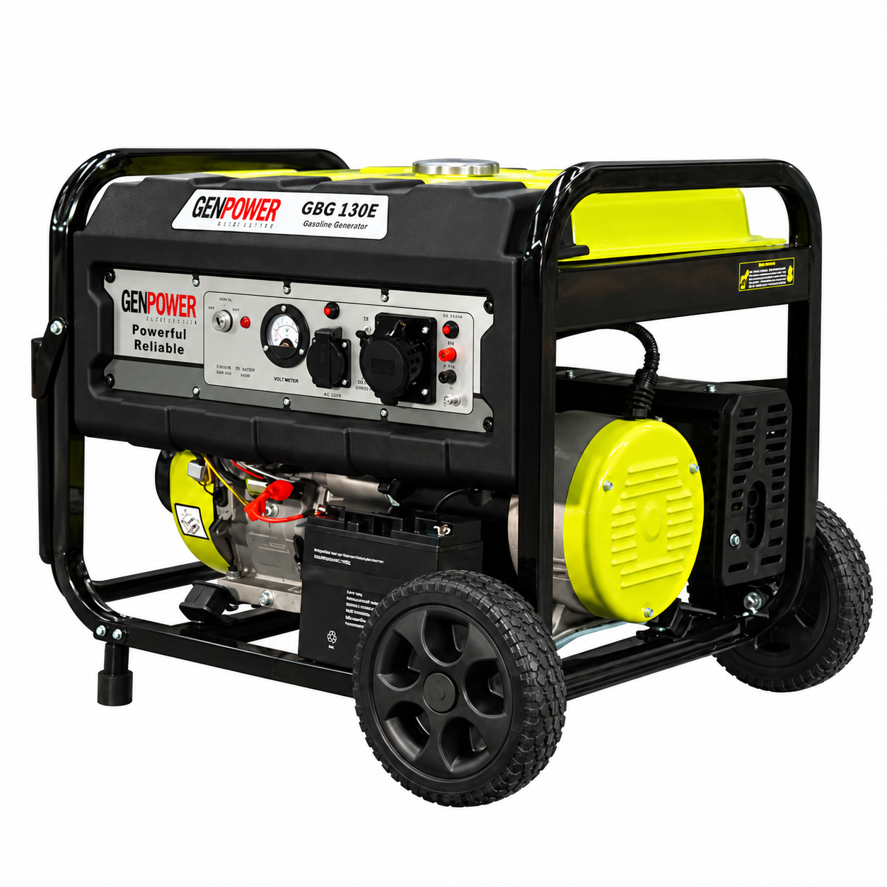 Генератор бензиновий GENPOWER GBG 130E, 1-фазний 230V, 50Hz, 13kVA/10.4kW, бак 27 л, витрата 3,29 л/кВт·год, пуск: стартер і ручний (без АКБ) / AVR, 700х530х560 мм, 92 кг