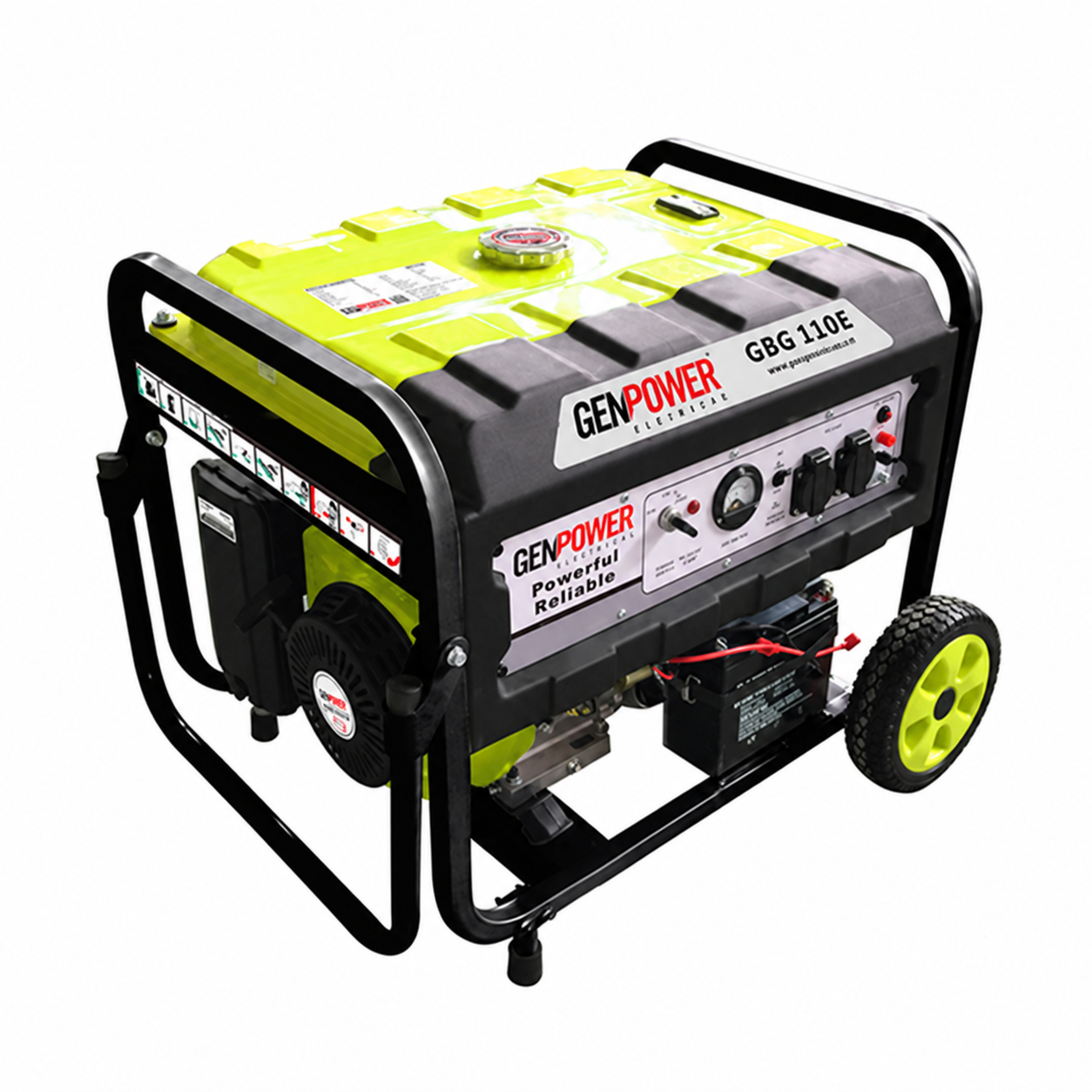 Бензиновий генератор GENPOWER GBG 110E, 1-фазний 230 В, 50 Гц, 10,5 кВА / 8,4 кВт, паливний бак 27 л, витрата палива 2,69 л/кВт·год, тип запуску: електростартер і ручний (без акумулятора) / AVR (автоматичний регулятор напруги), габарити 700х530х560 мм, 83 кг.