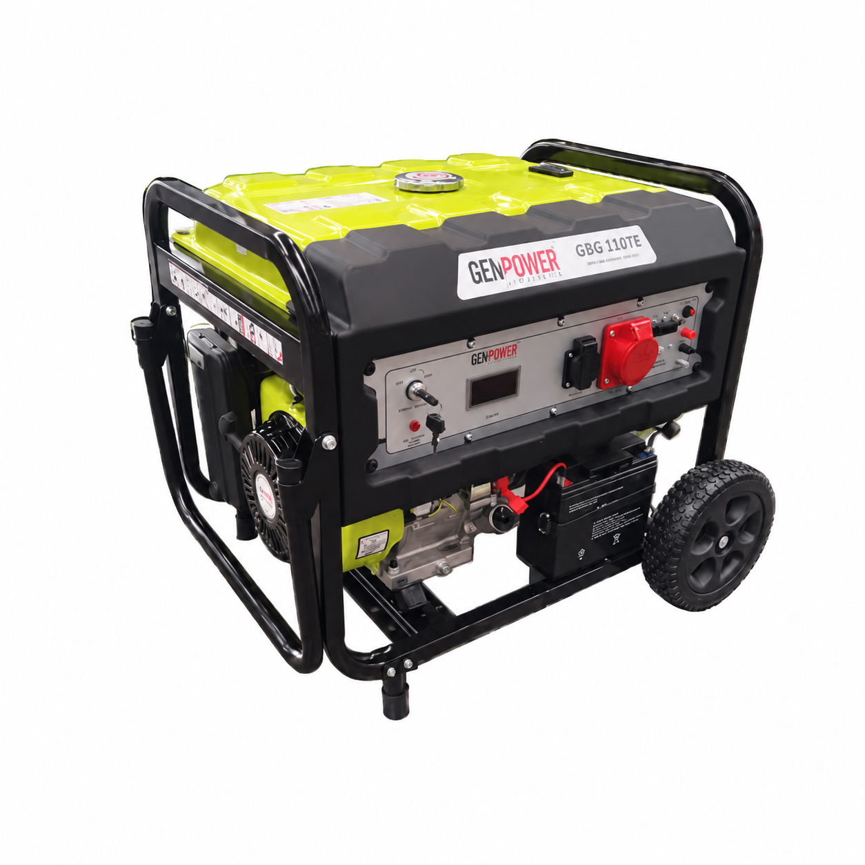 Бензиновий генератор GENPOWER GBG 110TE, 3-фазний 231/400V, 50Hz, 10.5kVA/8.4kW, бак 27 л, витрата 2,69 л/кВт·год, запуск: стартер і ручний (без АКБ) / AVR, 700х530х560 мм, 85 кг