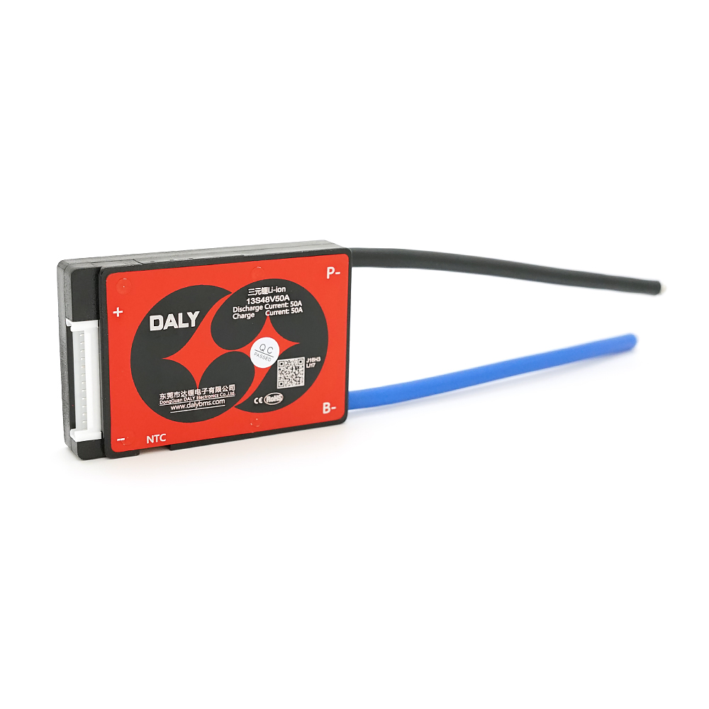 BMS плати Daly 13S48V50A Li-ion 13S. 48V (max.54.6V). Discharge 50A. Charge 25A. Balance 30mA. <20mΩ. Bluetooth. Common Port (симетрія). 80x61x16мм